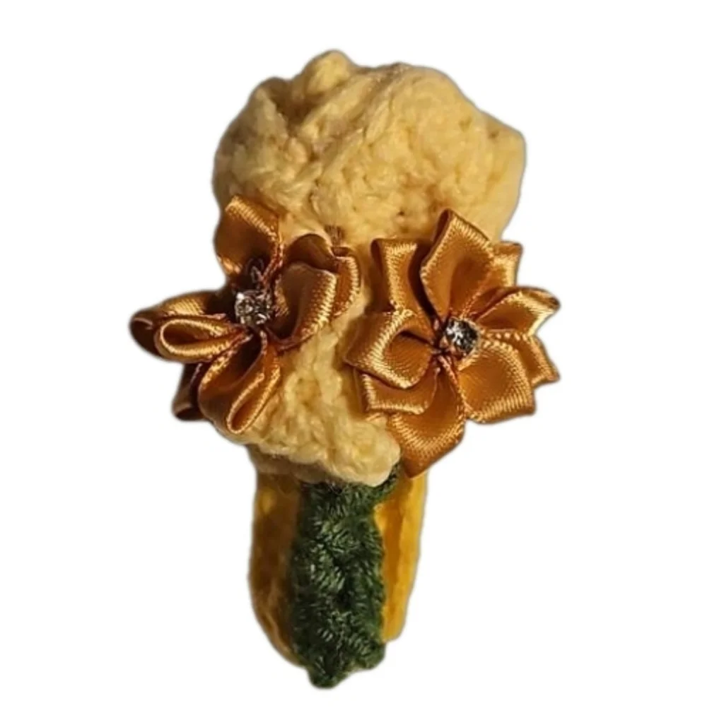 Hand Crafted Crochet hair accessory silver barrete 2- gold flowers handmade rose